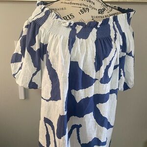 CeCe Blue and White Off-Shoulder Blouse